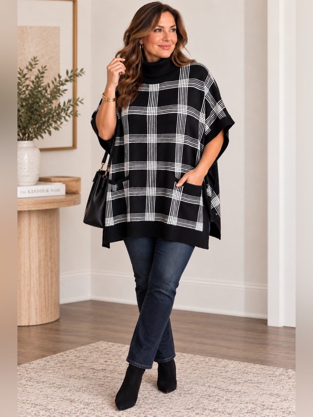 Jones New York Plaid Turtleneck Poncho Sweater S/M NEW